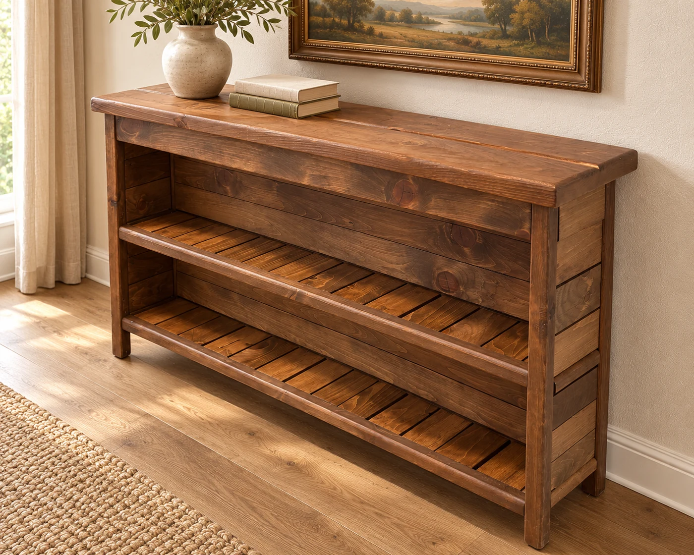 Angled view of the solid pine bookshelf showing the side and back panels