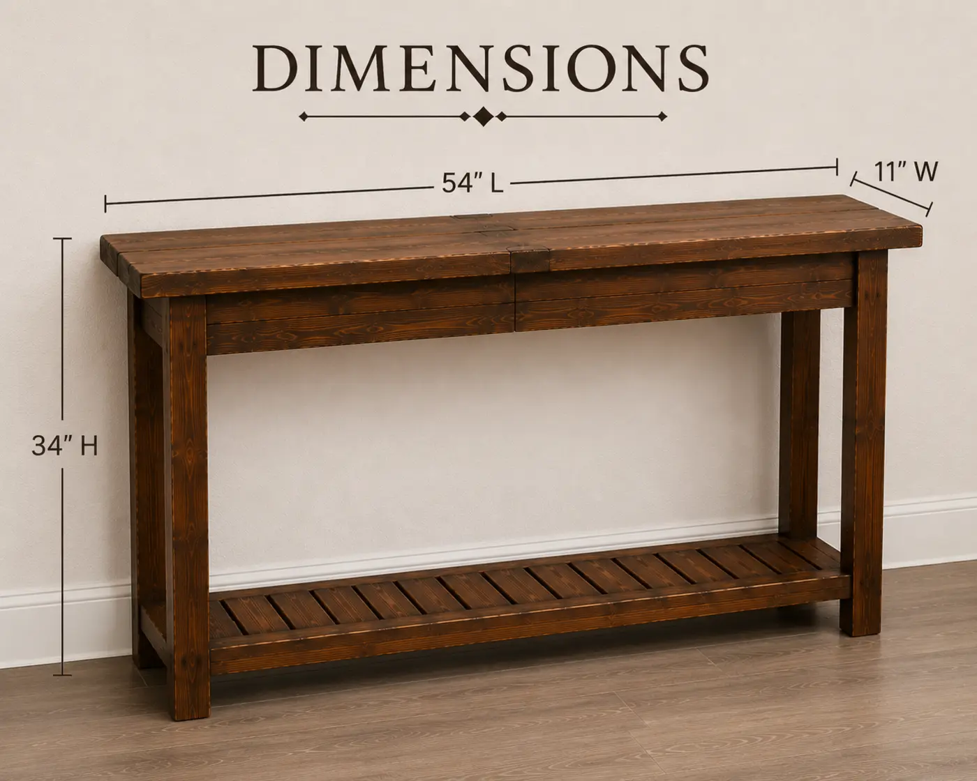 Console table diagram showing 54 inch length, 11 inch width, and 34 inch height