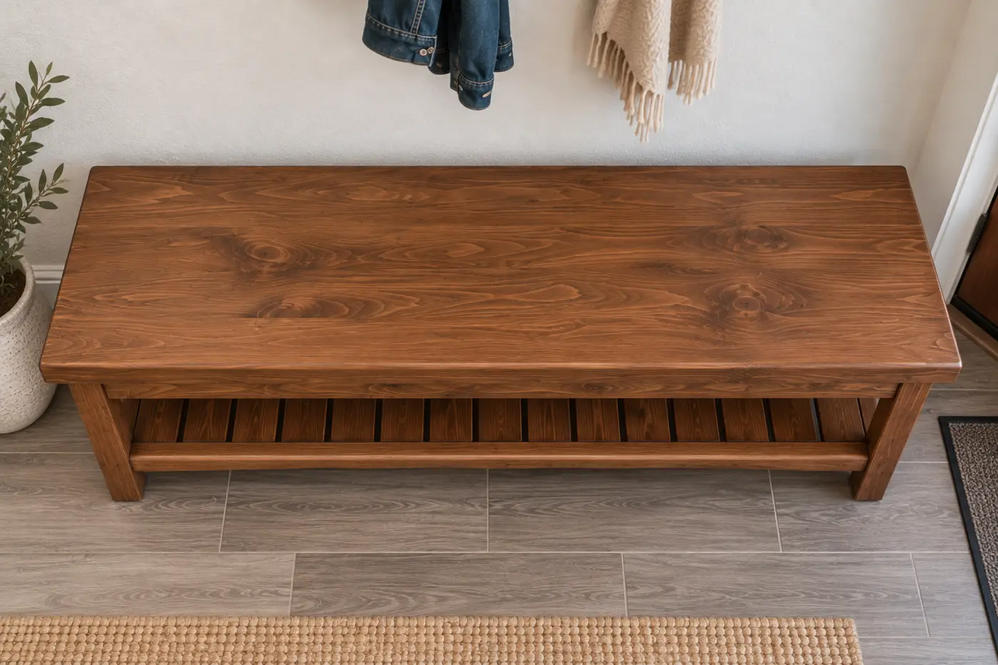 Overhead view of the rustic entry bench