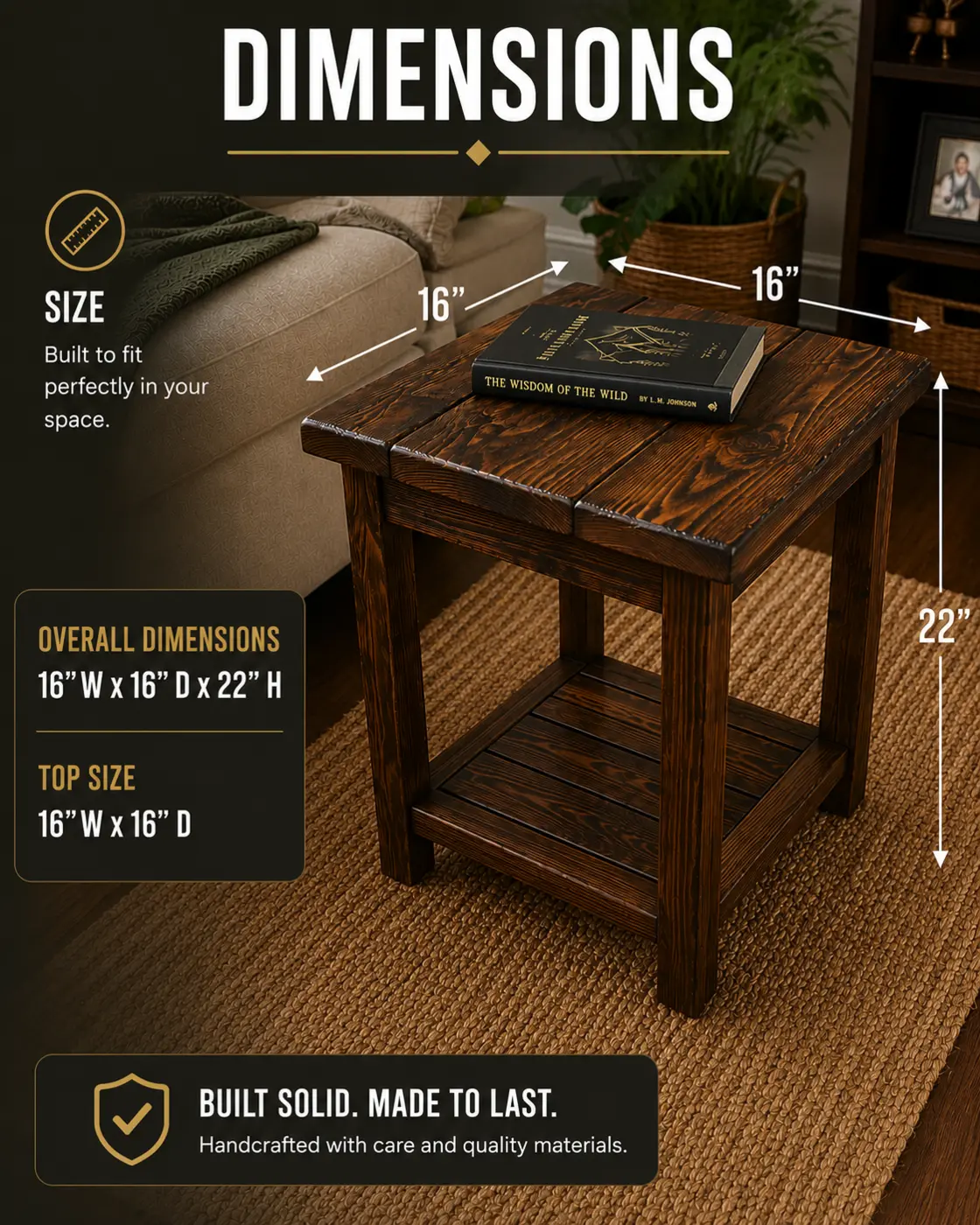 Side table diagram showing 16 inch width, 16 inch depth, and 22 inch height